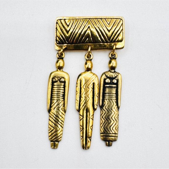 LAUREL BURCH Vintage Brooch Tribal People Gold Tone Dangle Pin - Picture 1 of 3